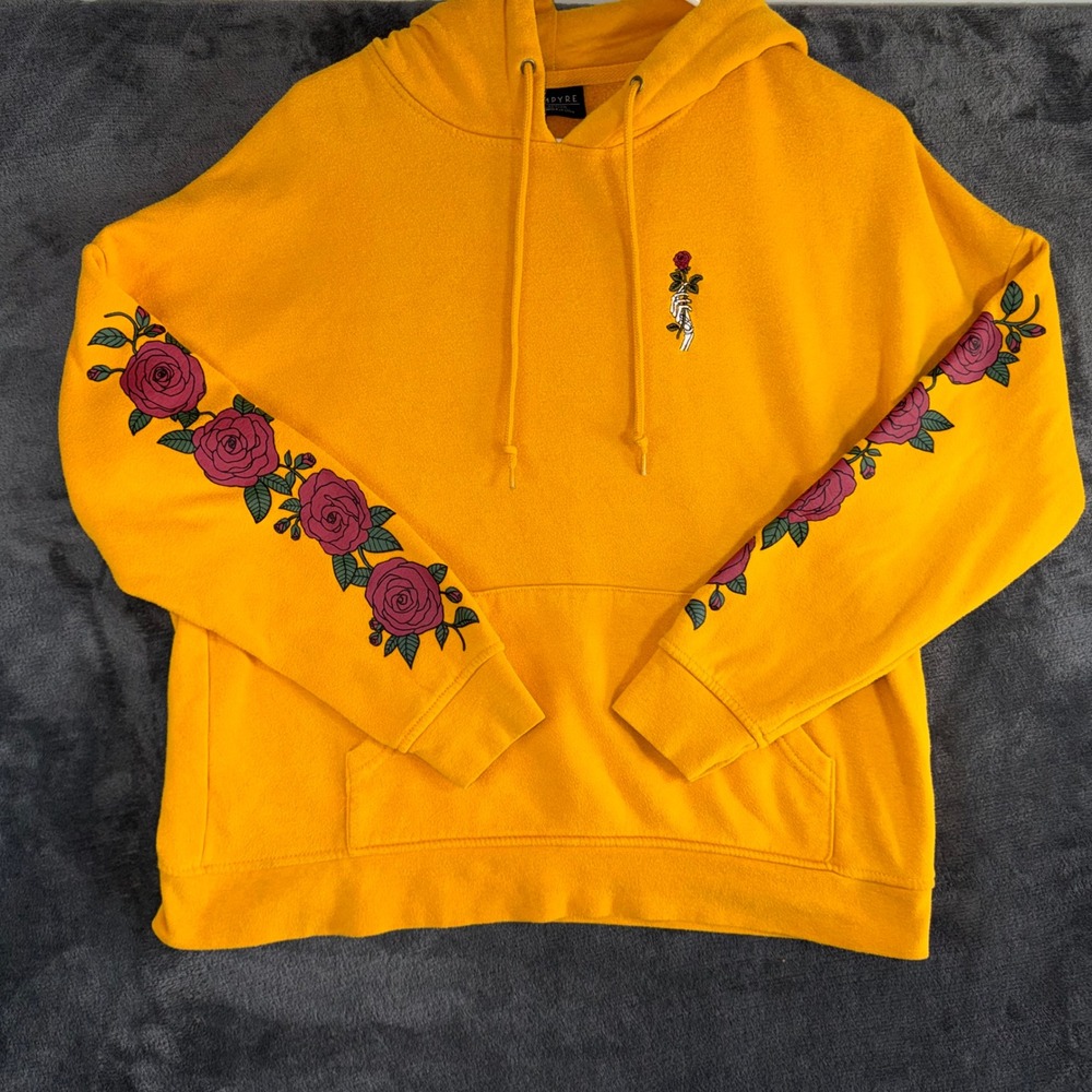 Mens Medium Empyre Hoodie Yellow Excellent Rose Sleeve Skeleton Hand Pullover